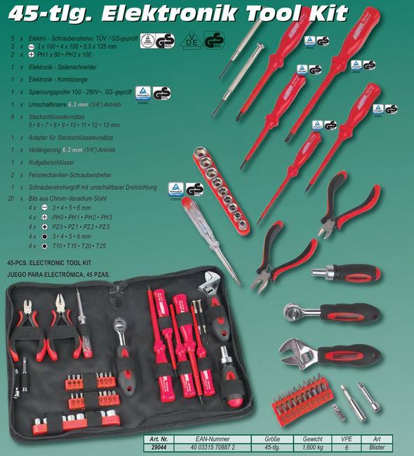 45-tlg. Elektronik Tool Kit in Reissverschlusstasche