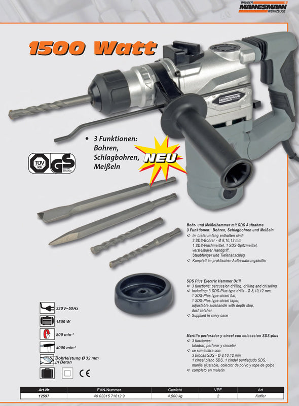 Bohr- und Meisselhammer 1500 W, 3 Funktionen