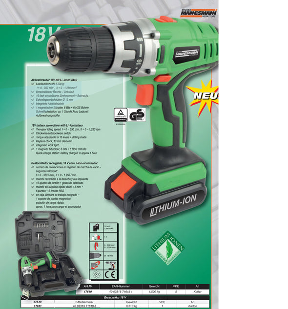 Akku-Bohrschrauber 18V, Li-Ionen, 1 Akku